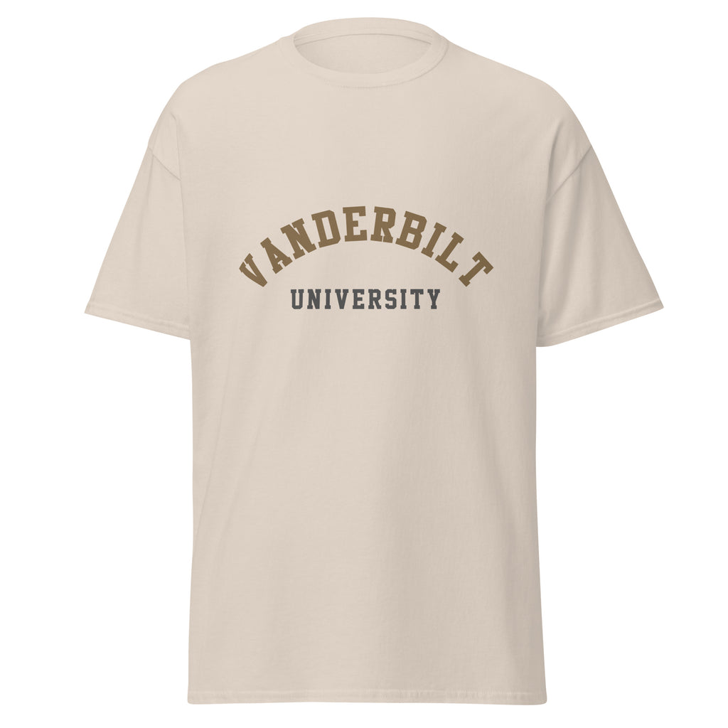 Unisex classic tee featuring Vanderbilt University name and branding in black and gold