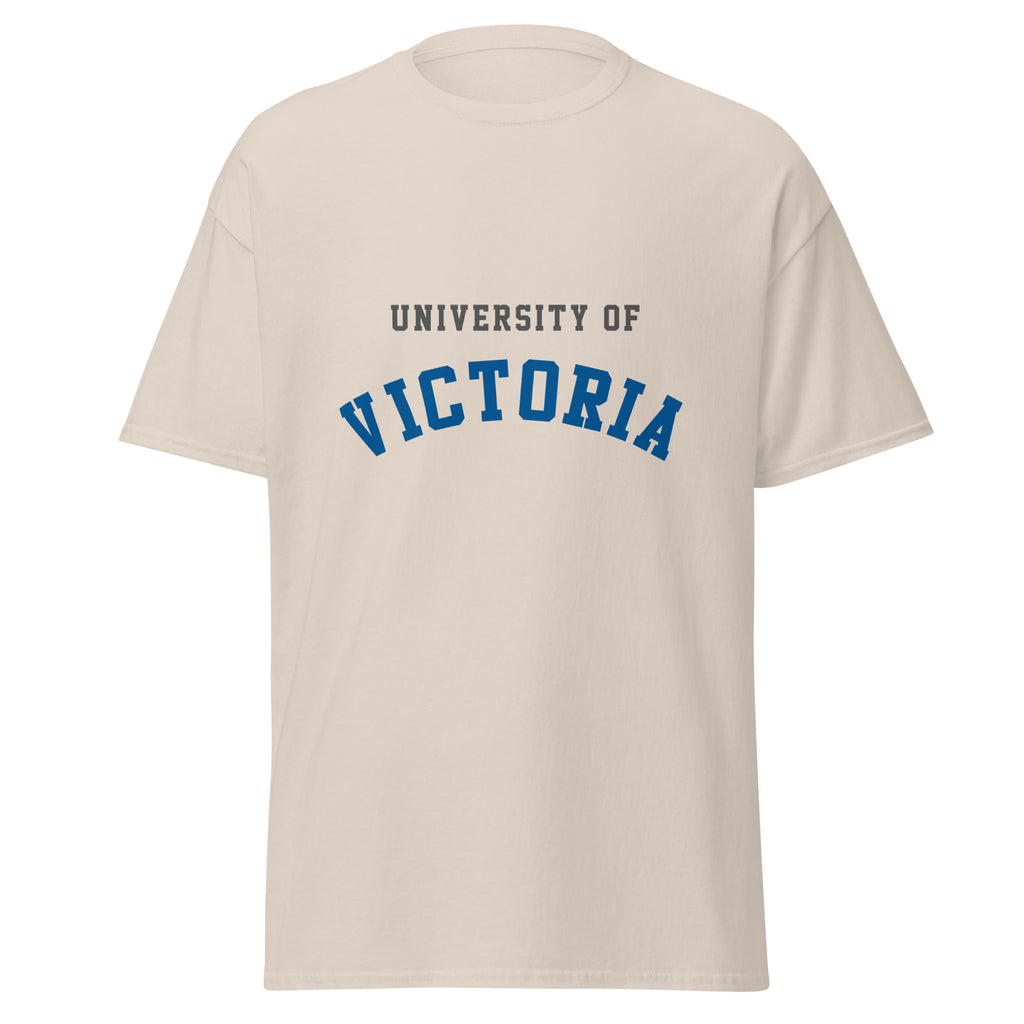 Unisex classic tee featuring University of Victoria name and branding in blue and red