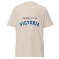 Unisex classic tee featuring University of Victoria name and branding in blue and red