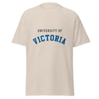 Unisex classic tee featuring University of Victoria name and branding in blue and red