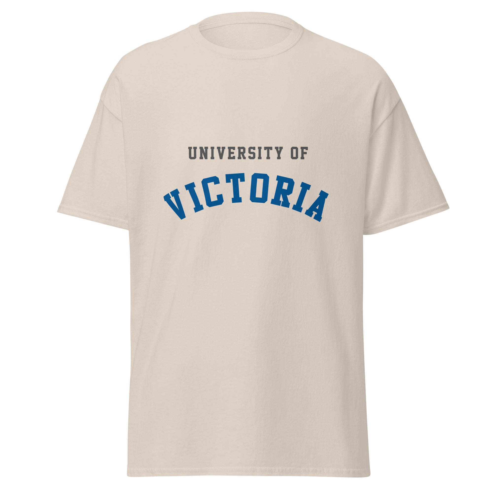 Unisex classic tee featuring University of Victoria name and branding in blue and red