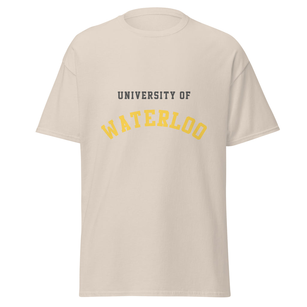 Unisex classic tee featuring University of Waterloo name and branding in black and gold