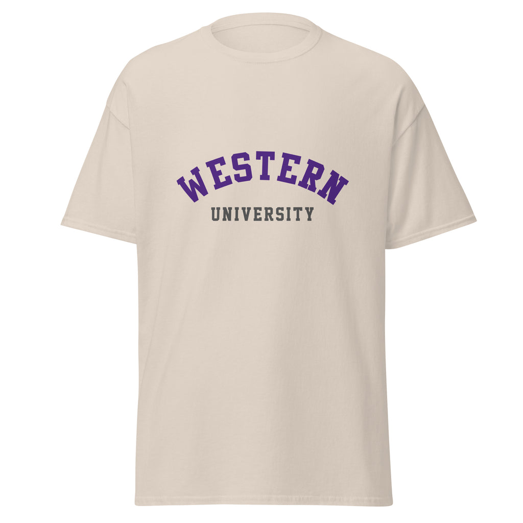 Unisex classic tee featuring Western University name and branding in purple and white