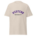 Unisex classic tee featuring Western University name and branding in purple and white