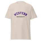 Unisex classic tee featuring Western University name and branding in purple and white