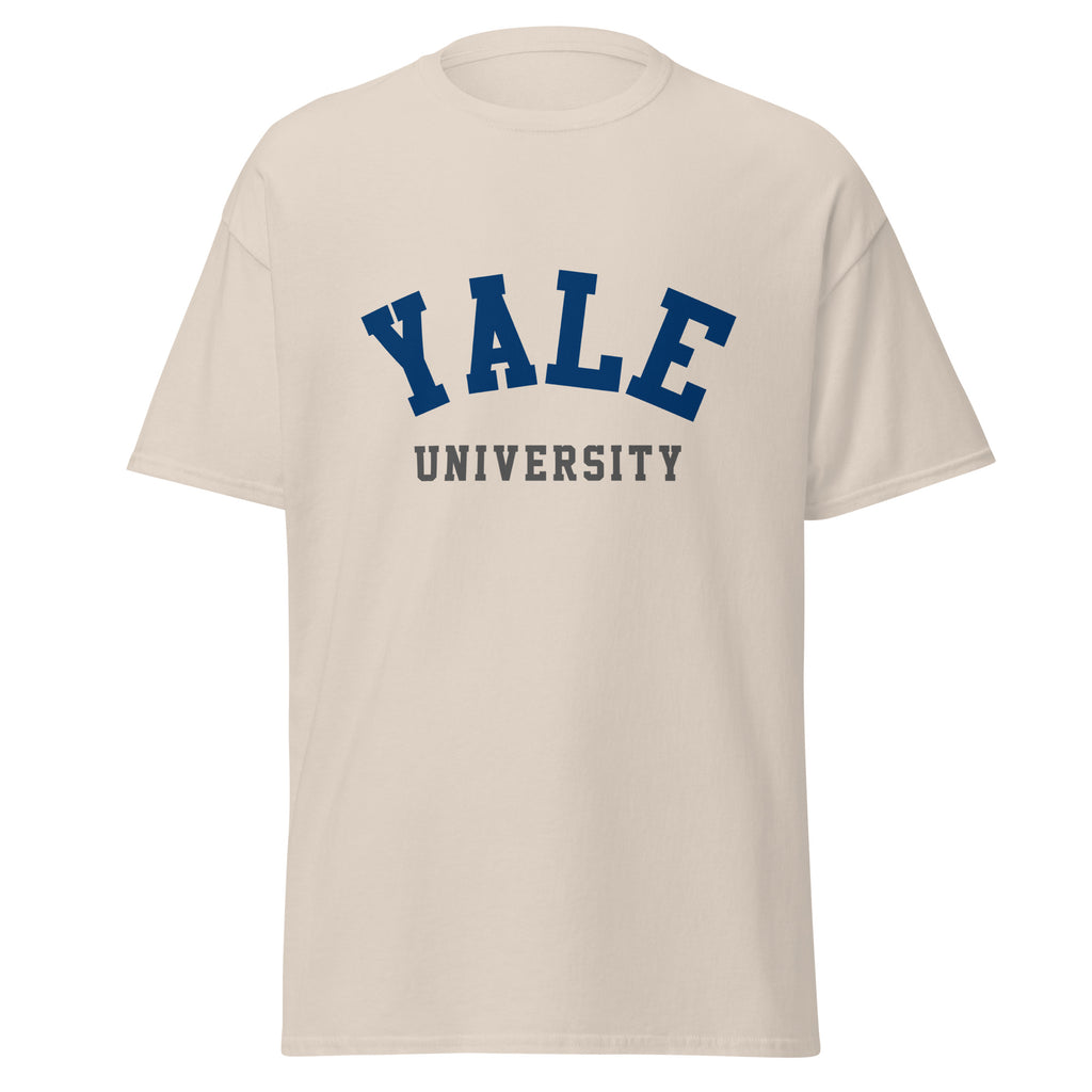 Unisex royal blue t-shirt featuring Yale University logo printed across the front chest