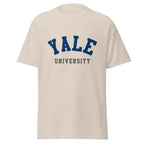 Unisex royal blue t-shirt featuring Yale University logo printed across the front chest