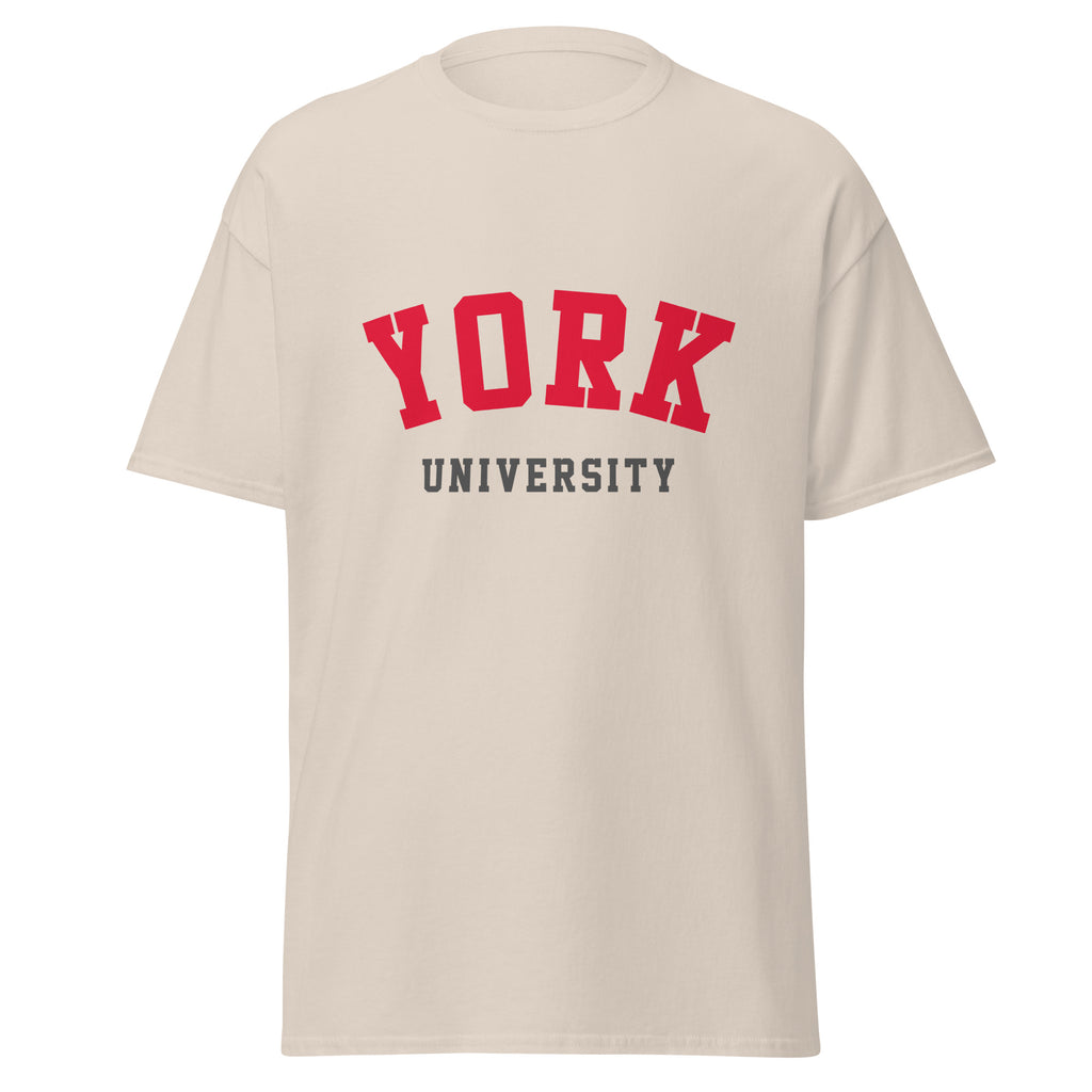 Unisex navy blue t-shirt featuring York University logo printed across the front chest