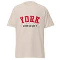 Unisex navy blue t-shirt featuring York University logo printed across the front chest