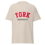 Unisex navy blue t-shirt featuring York University logo printed across the front chest