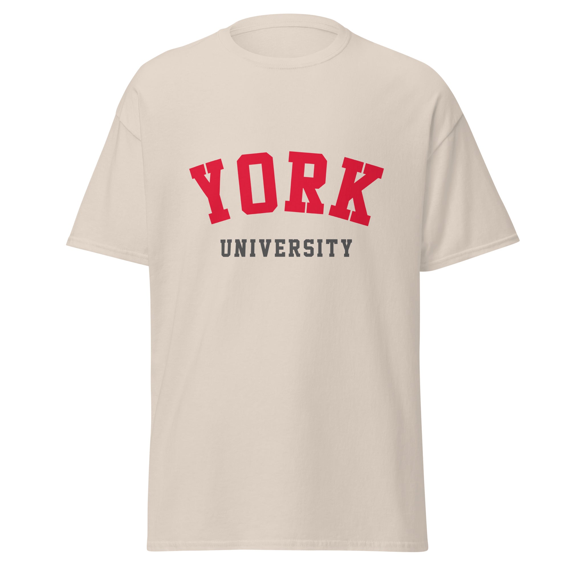 Unisex navy blue t-shirt featuring York University logo printed across the front chest