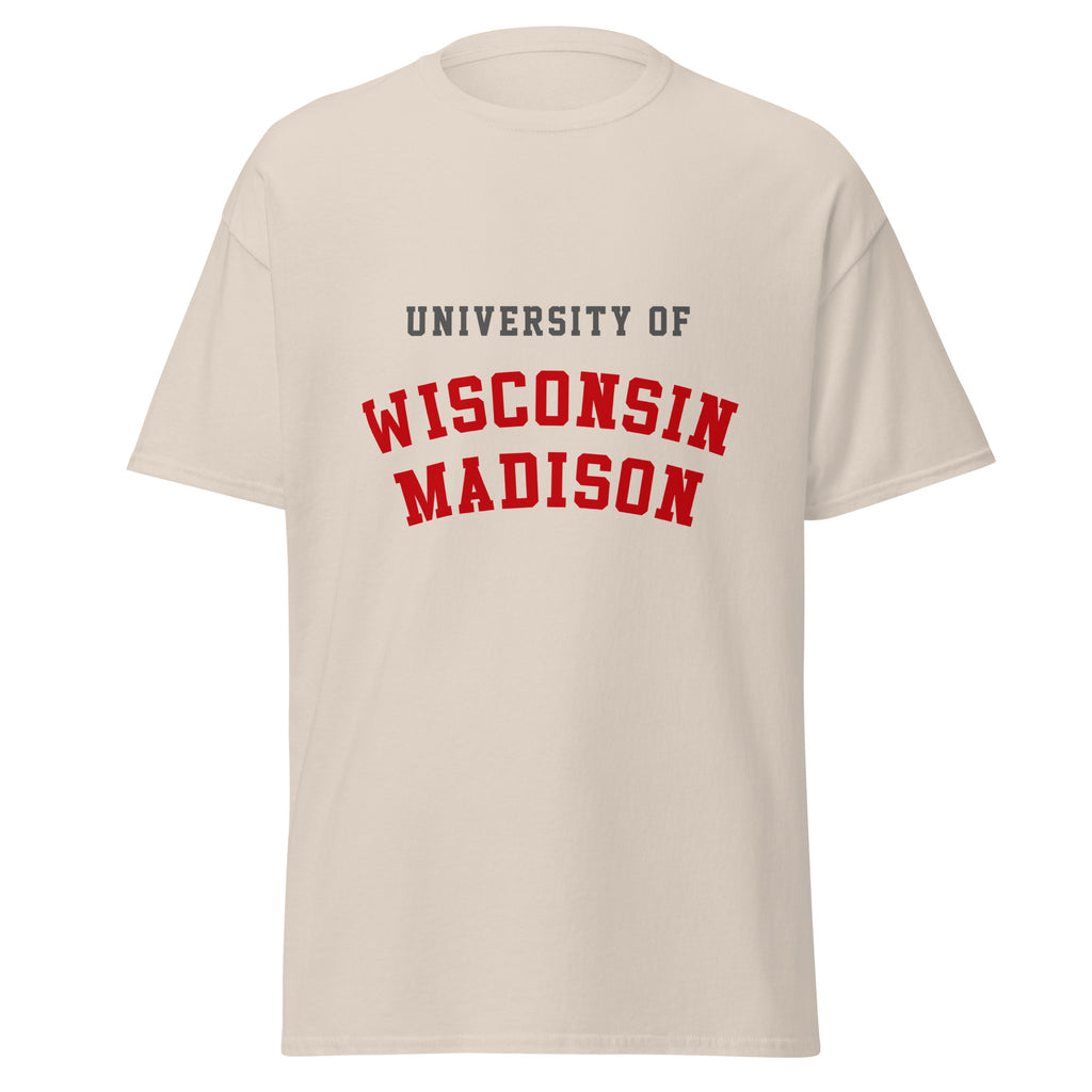 Unisex navy blue t-shirt featuring University of Wisconsin-Madison logo printed across the front chest
