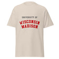 Unisex navy blue t-shirt featuring University of Wisconsin-Madison logo printed across the front chest