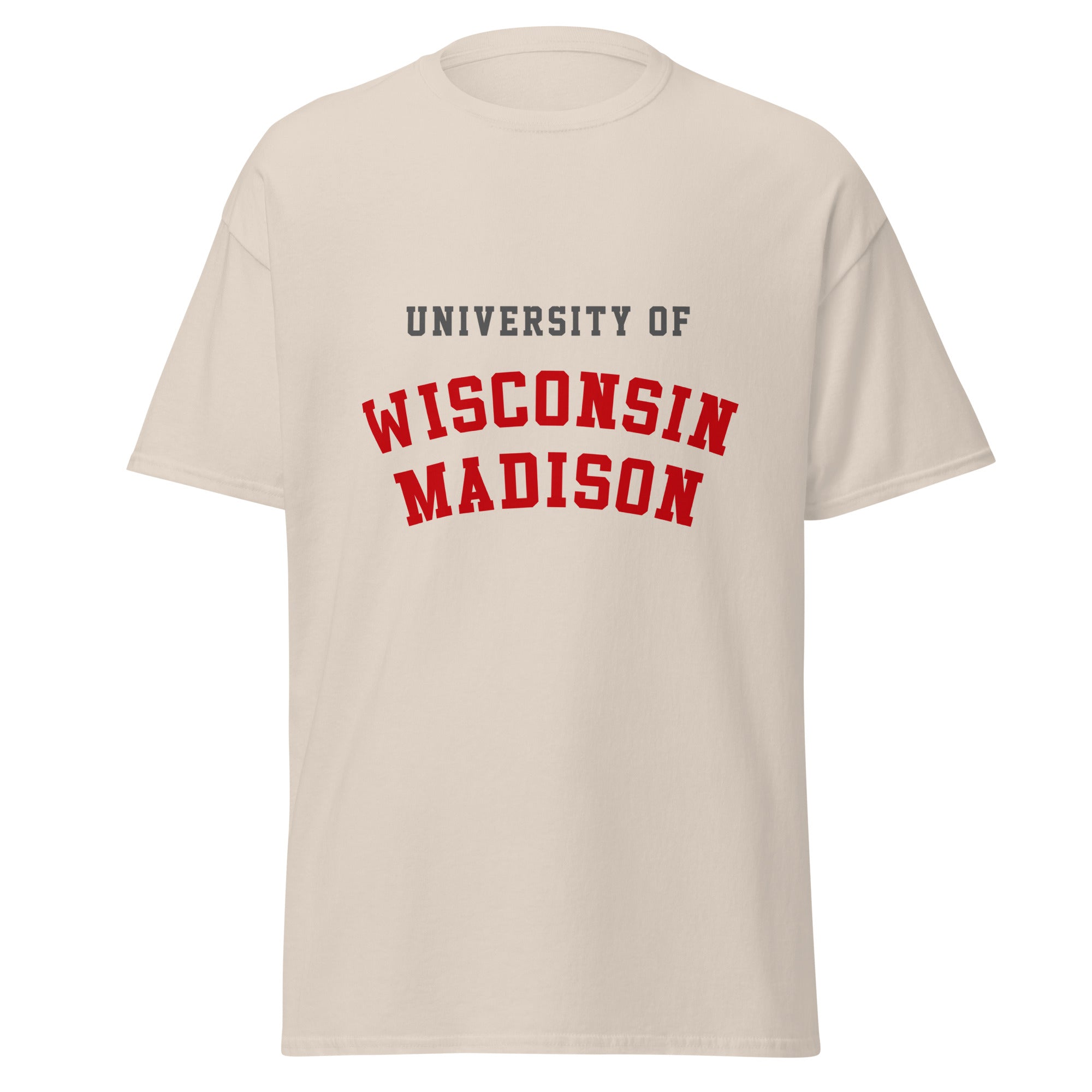 Unisex navy blue t-shirt featuring University of Wisconsin-Madison logo printed across the front chest