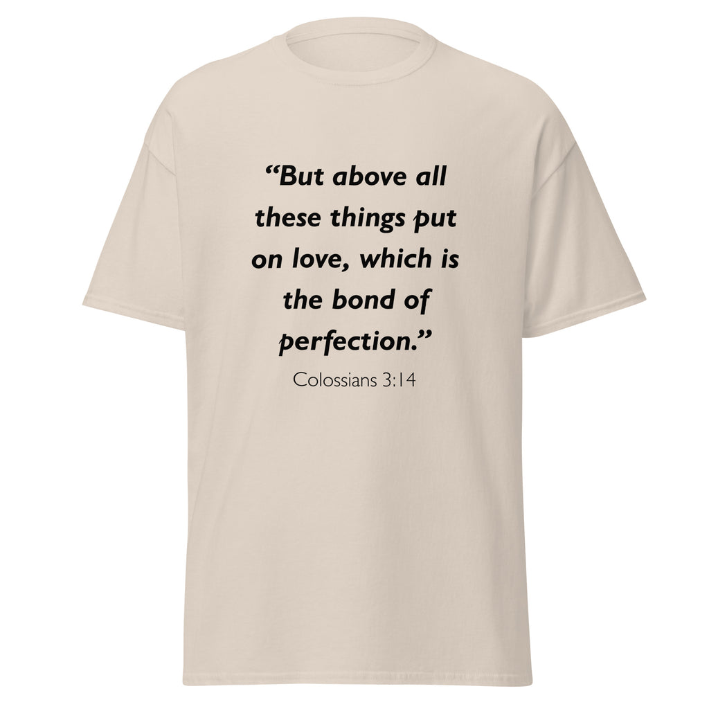 Unisex navy blue t-shirt with Colossians 3:14 Bible verse printed in black text on front