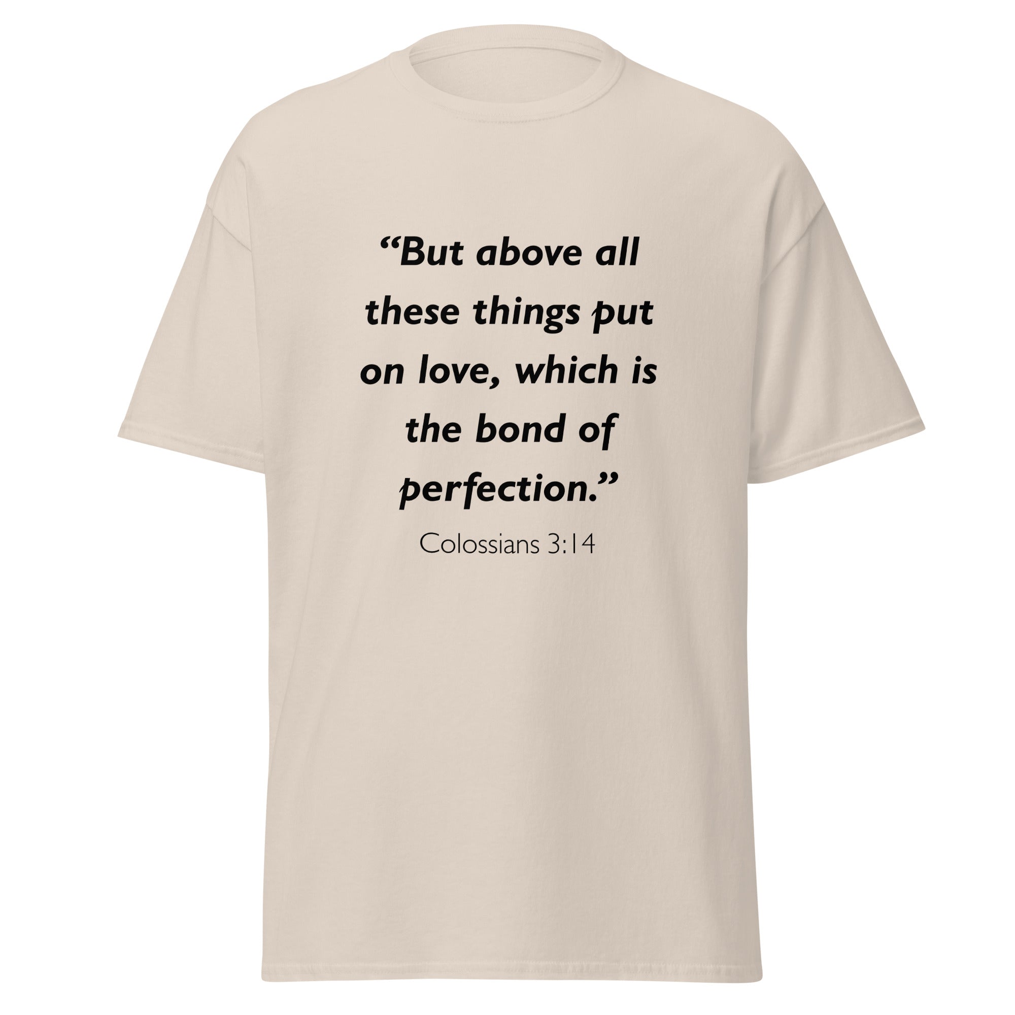 Unisex navy blue t-shirt with Colossians 3:14 Bible verse printed in black text on front