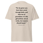 Unisex navy blue t-shirt with Ephesians 2:8-9 Bible verse printed in black text on front