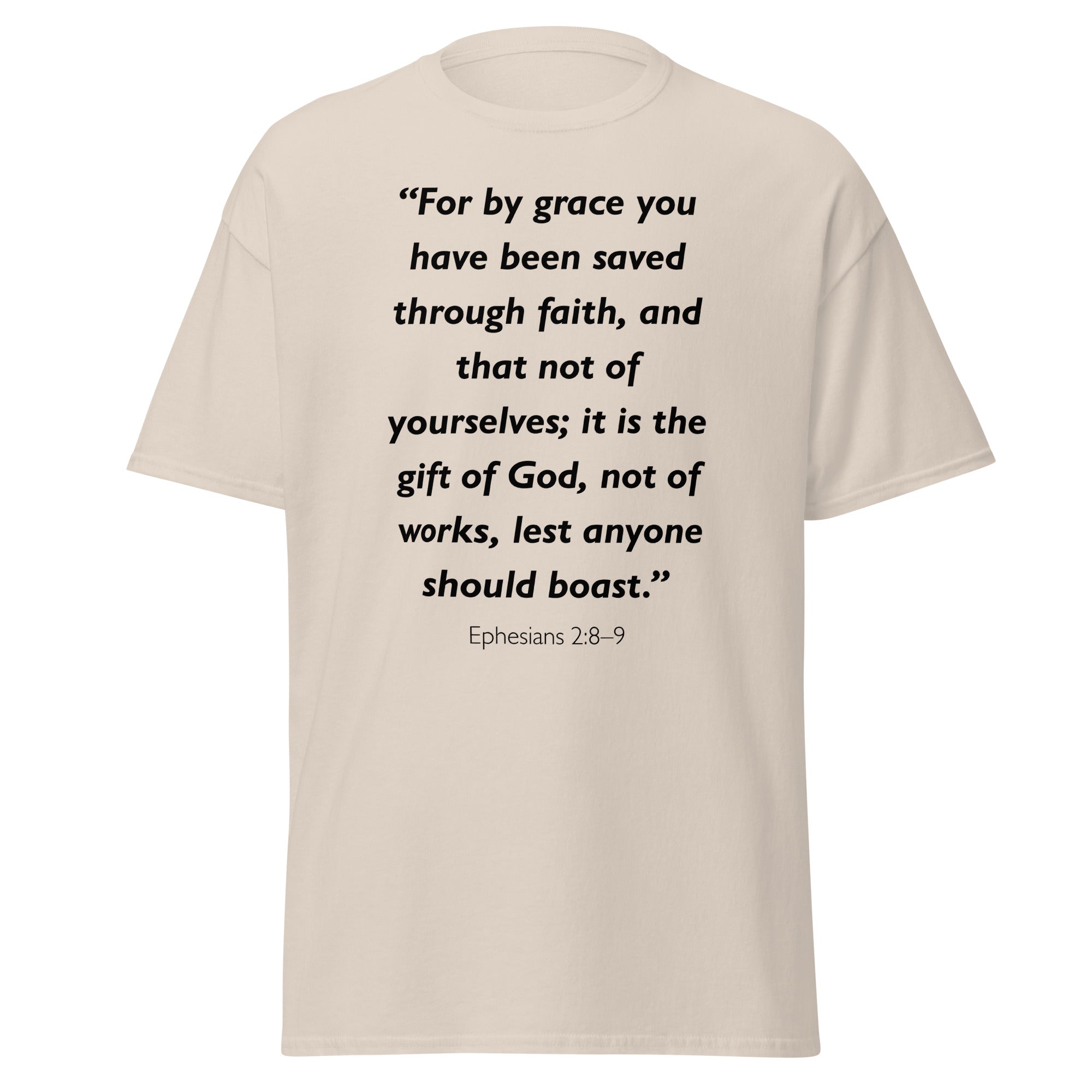Unisex navy blue t-shirt with Ephesians 2:8-9 Bible verse printed in black text on front