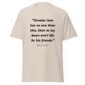 Unisex heather gray t-shirt with John 15:13 Bible verse printed in black text on front