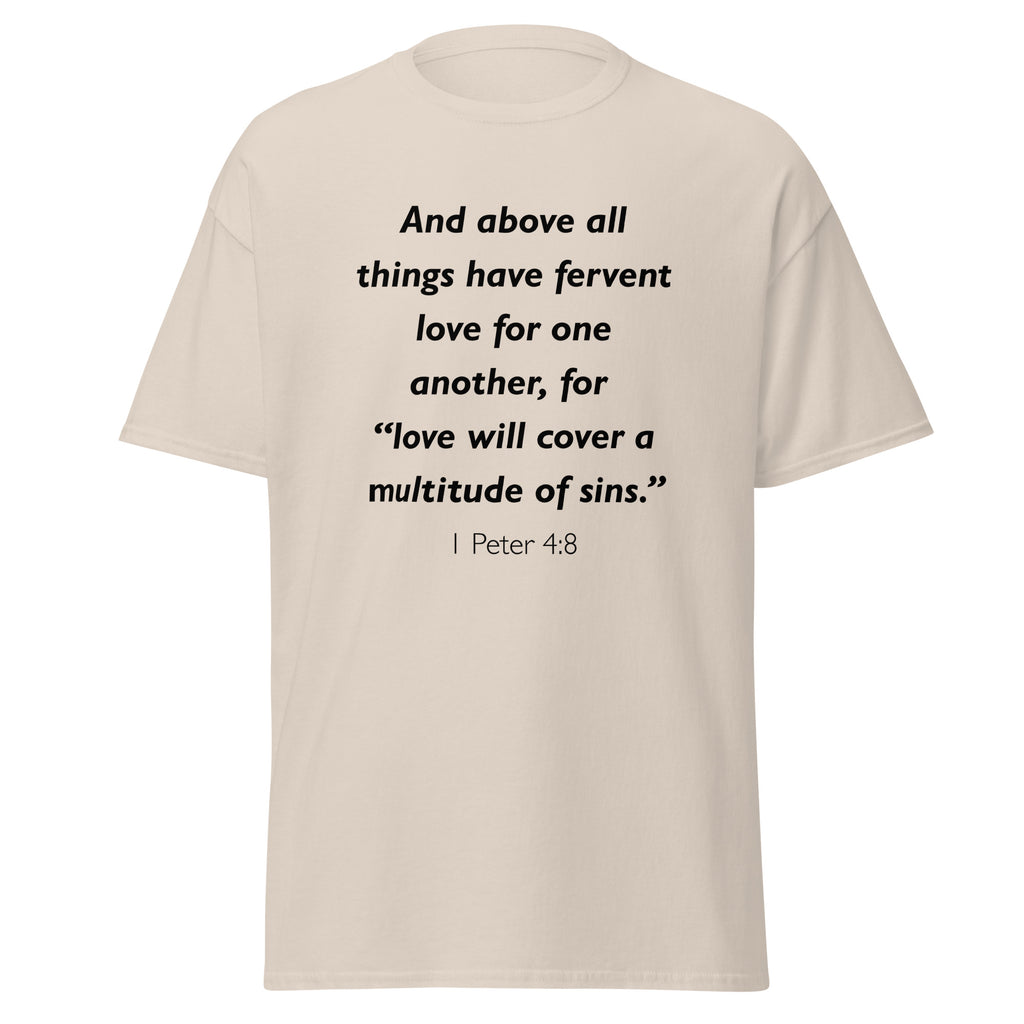 Unisex navy blue t-shirt with 1 Peter 4:8 Bible verse printed in black text on front