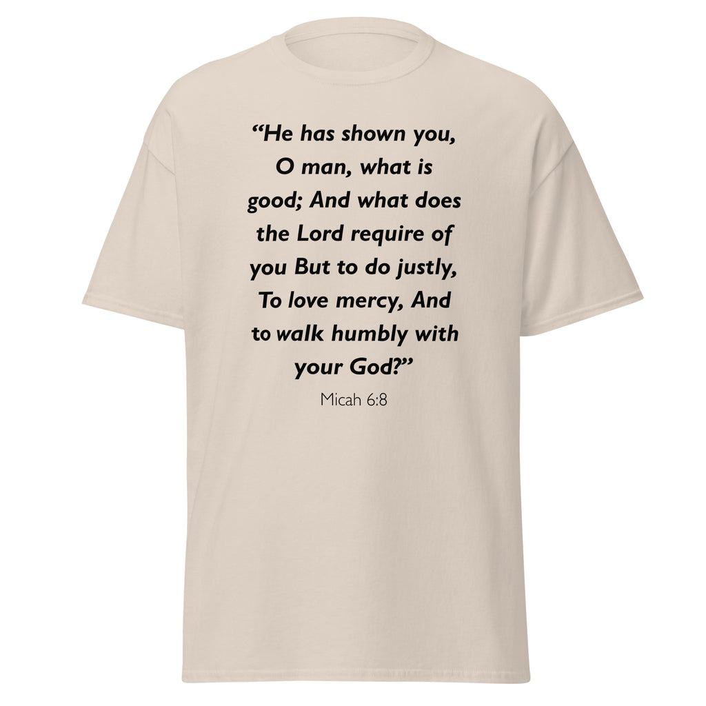 Unisex heather gray t-shirt with Micah 6:8 Bible verse printed in black text on front