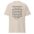 Unisex heather gray t-shirt with Micah 6:8 Bible verse printed in black text on front