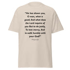 Unisex heather gray t-shirt with Micah 6:8 Bible verse printed in black text on front