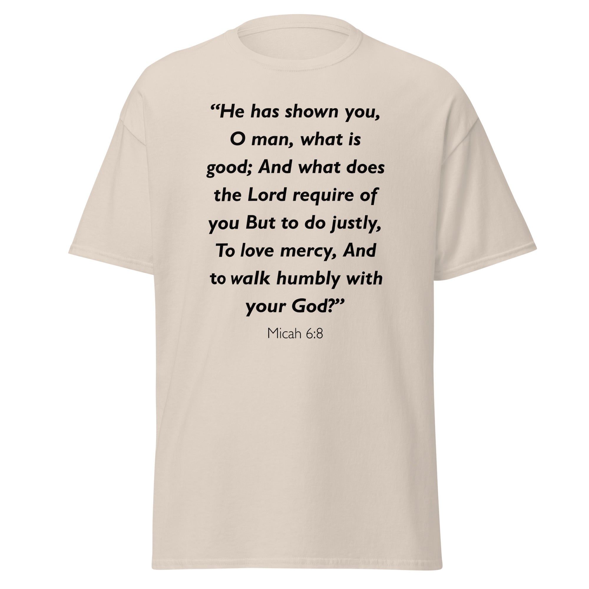 Unisex heather gray t-shirt with Micah 6:8 Bible verse printed in black text on front