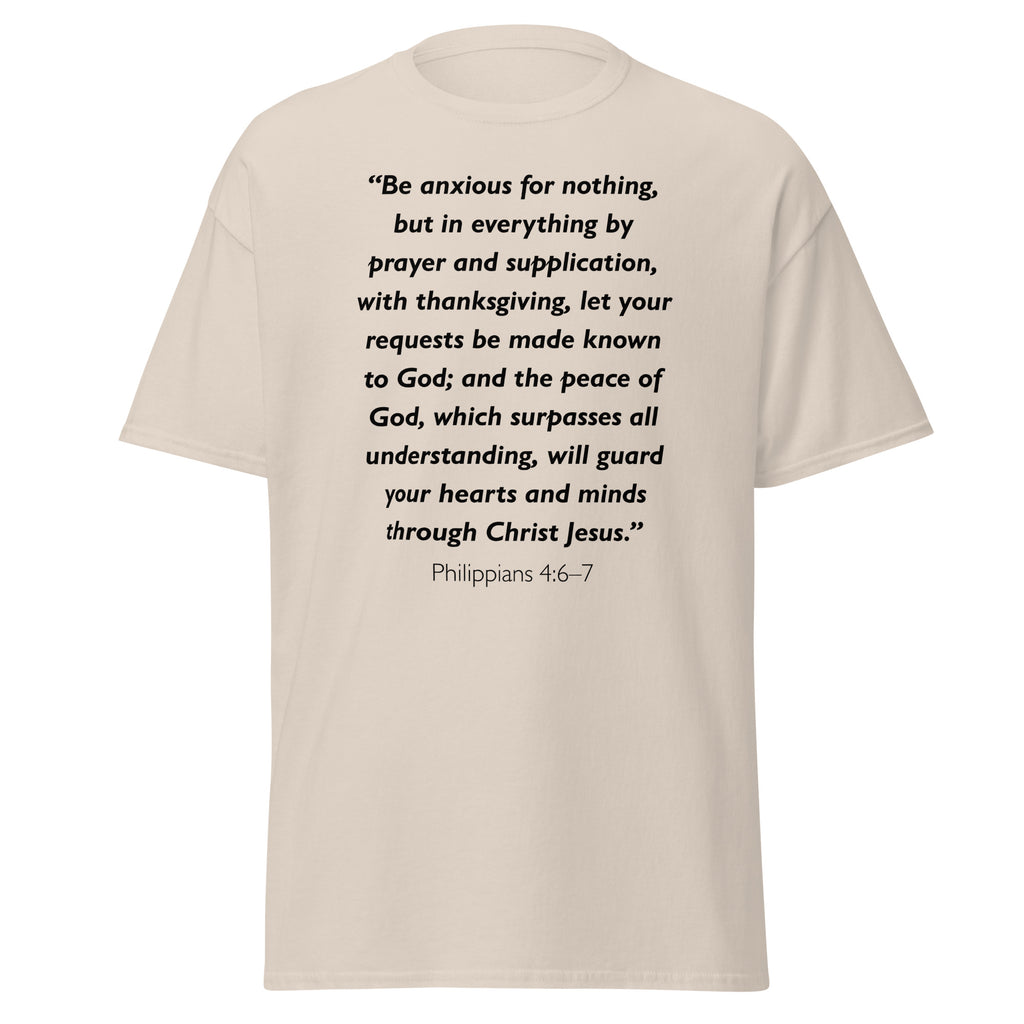 Unisex navy blue t-shirt with Philippians 4:6-7 Bible verse printed in black text on front