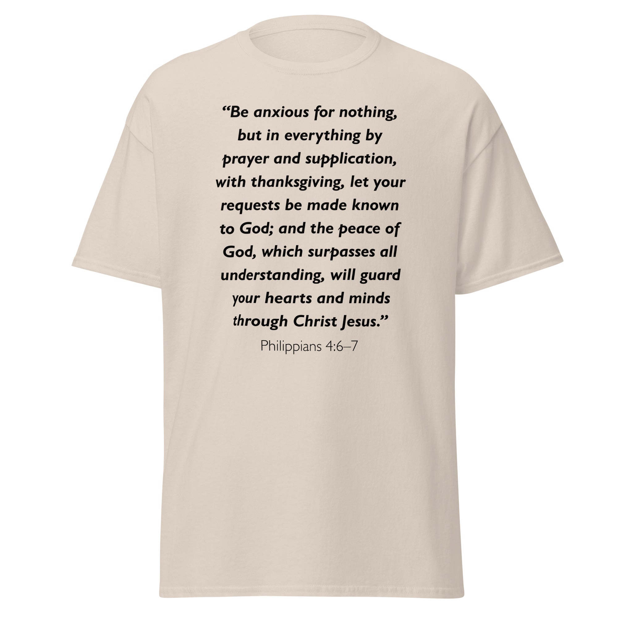 Unisex navy blue t-shirt with Philippians 4:6-7 Bible verse printed in black text on front