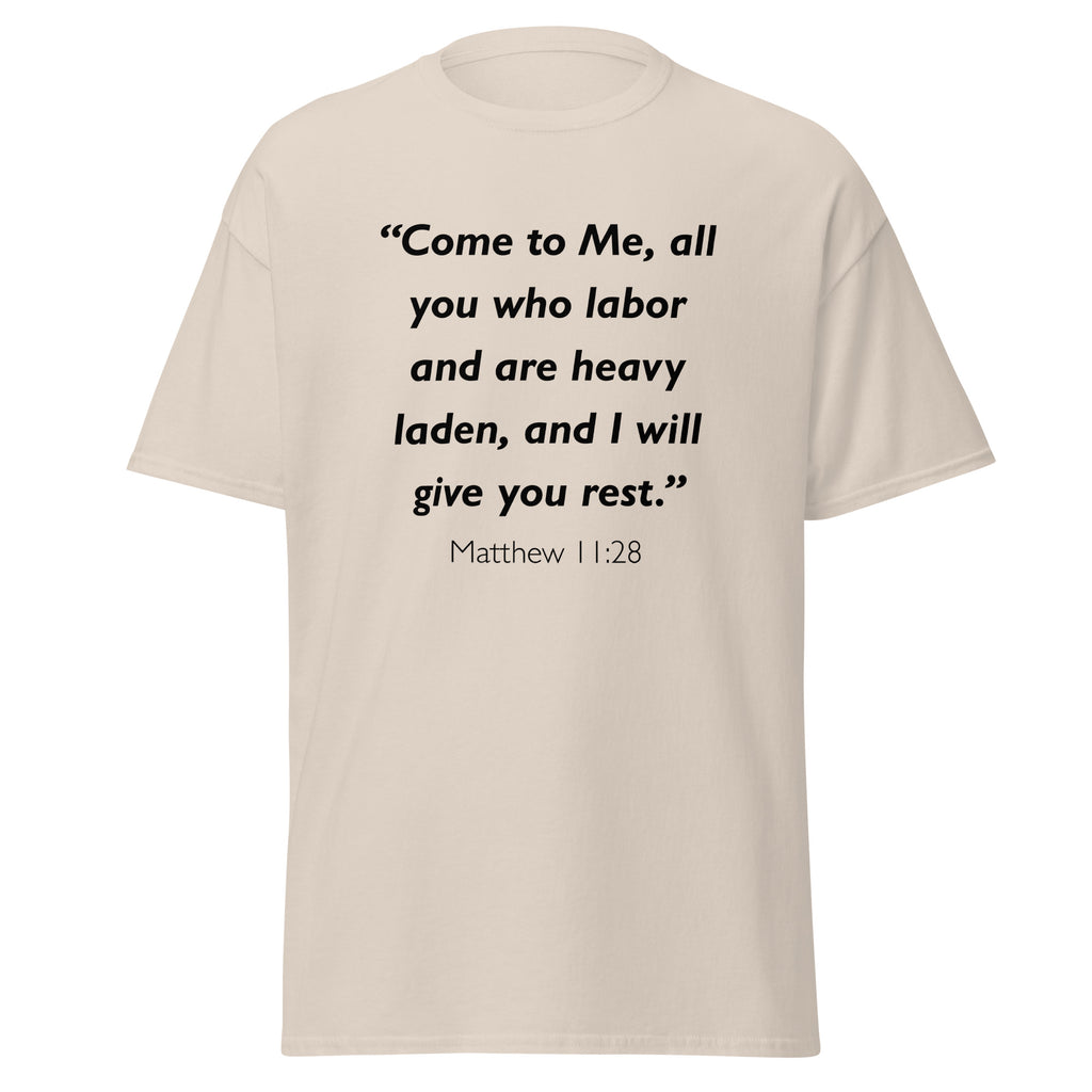 Unisex heather gray t-shirt with Matthew 11:28 Bible verse printed in black text on front