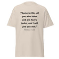 Unisex heather gray t-shirt with Matthew 11:28 Bible verse printed in black text on front
