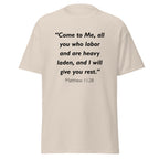 Unisex heather gray t-shirt with Matthew 11:28 Bible verse printed in black text on front