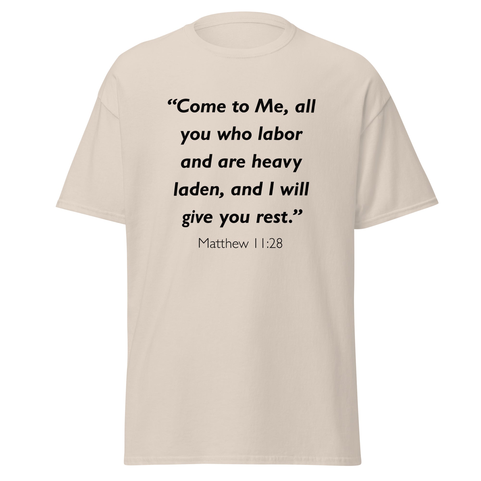 Unisex heather gray t-shirt with Matthew 11:28 Bible verse printed in black text on front