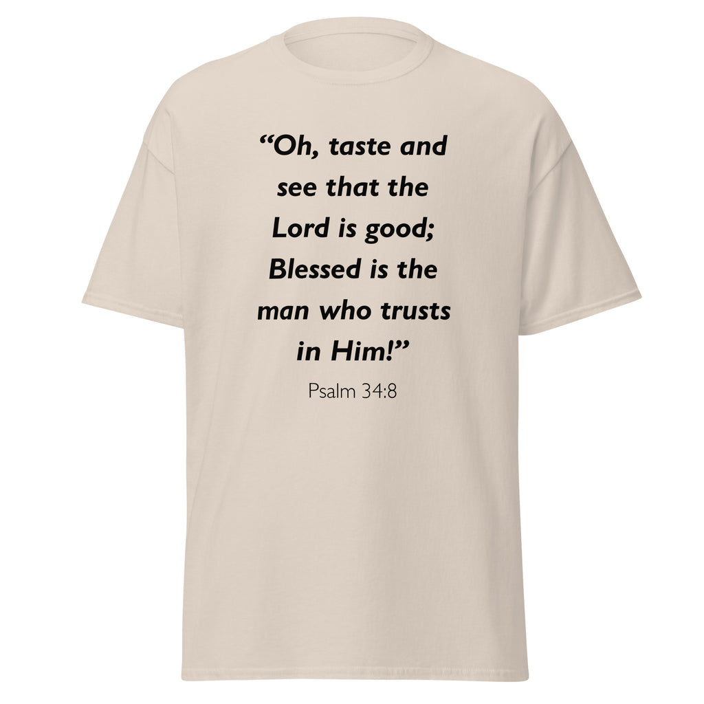 Unisex navy blue t-shirt with Psalm 34:8 Bible verse printed in black text on front