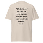 Unisex navy blue t-shirt with Psalm 34:8 Bible verse printed in black text on front