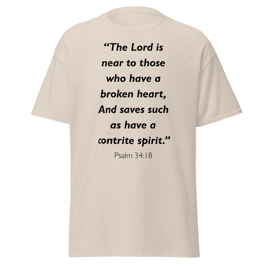 Unisex heather gray t-shirt with Psalm 34:18 Bible verse printed in black text on front