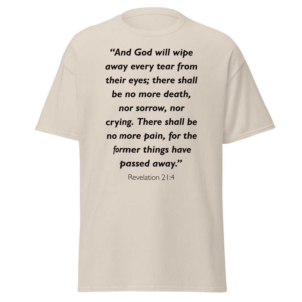 Unisex heather gray t-shirt with Revelation 21:4 Bible verse printed in black text on front