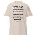 Unisex heather gray t-shirt with Revelation 21:4 Bible verse printed in black text on front