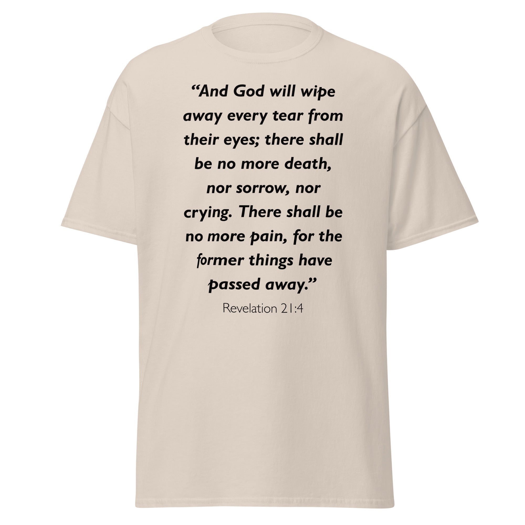Unisex heather gray t-shirt with Revelation 21:4 Bible verse printed in black text on front