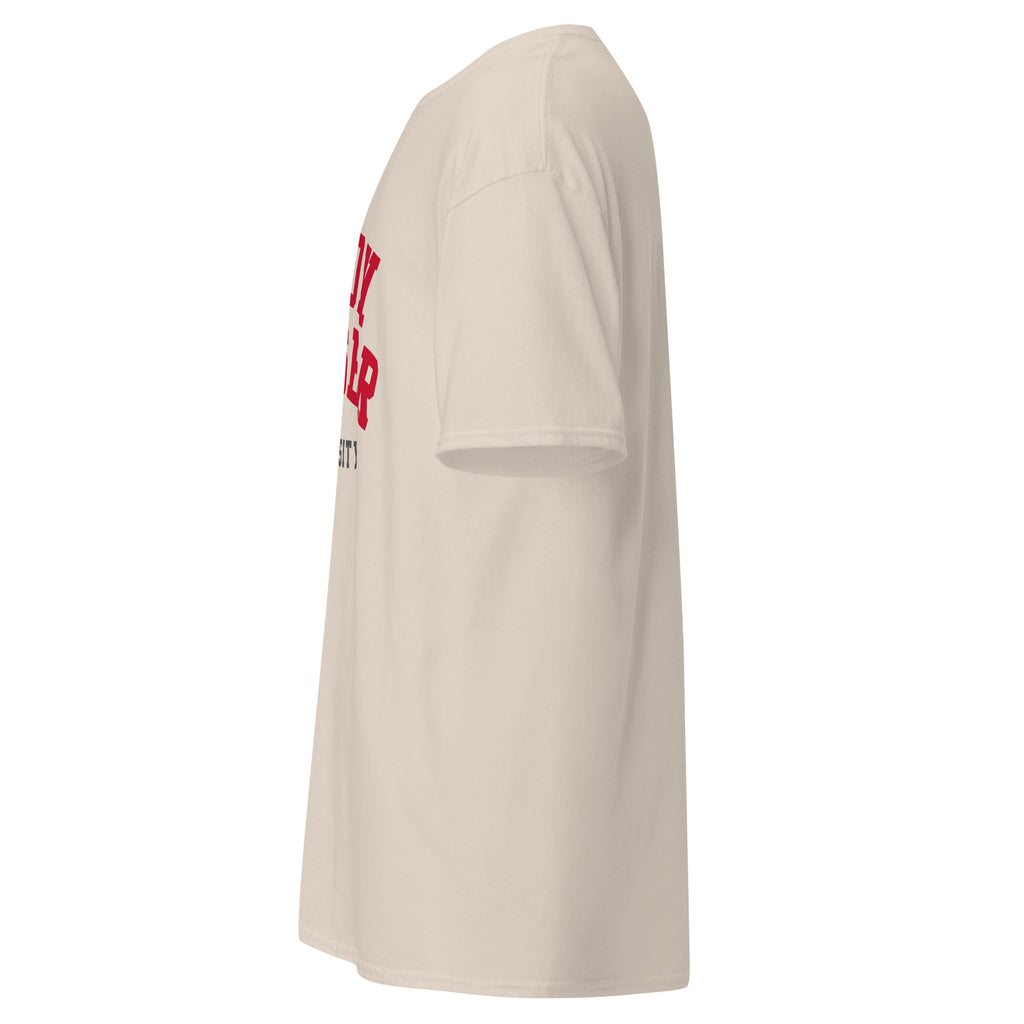 Unisex classic tee featuring Simon Fraser University name and branding in red and white