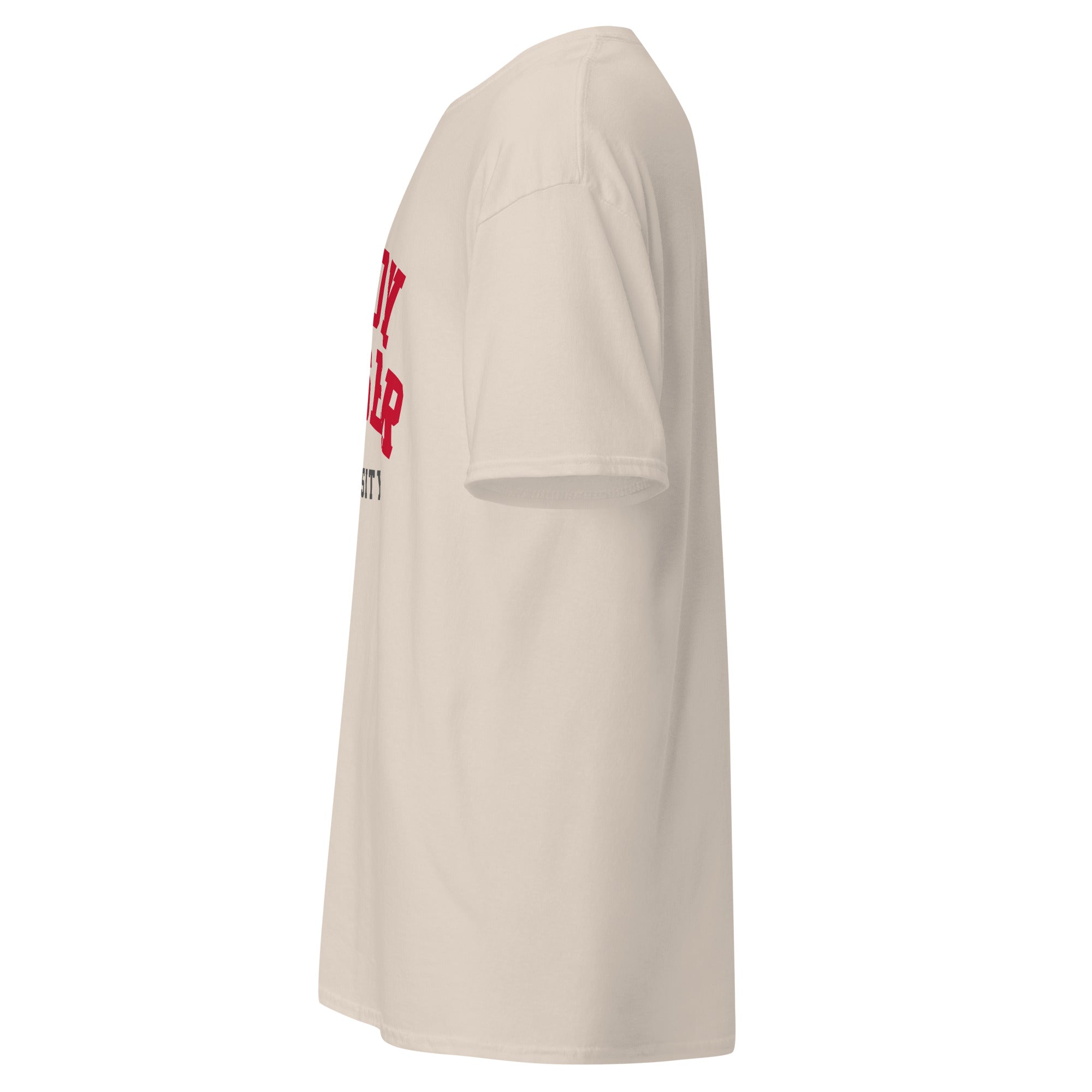 Unisex classic tee featuring Simon Fraser University name and branding in red and white
