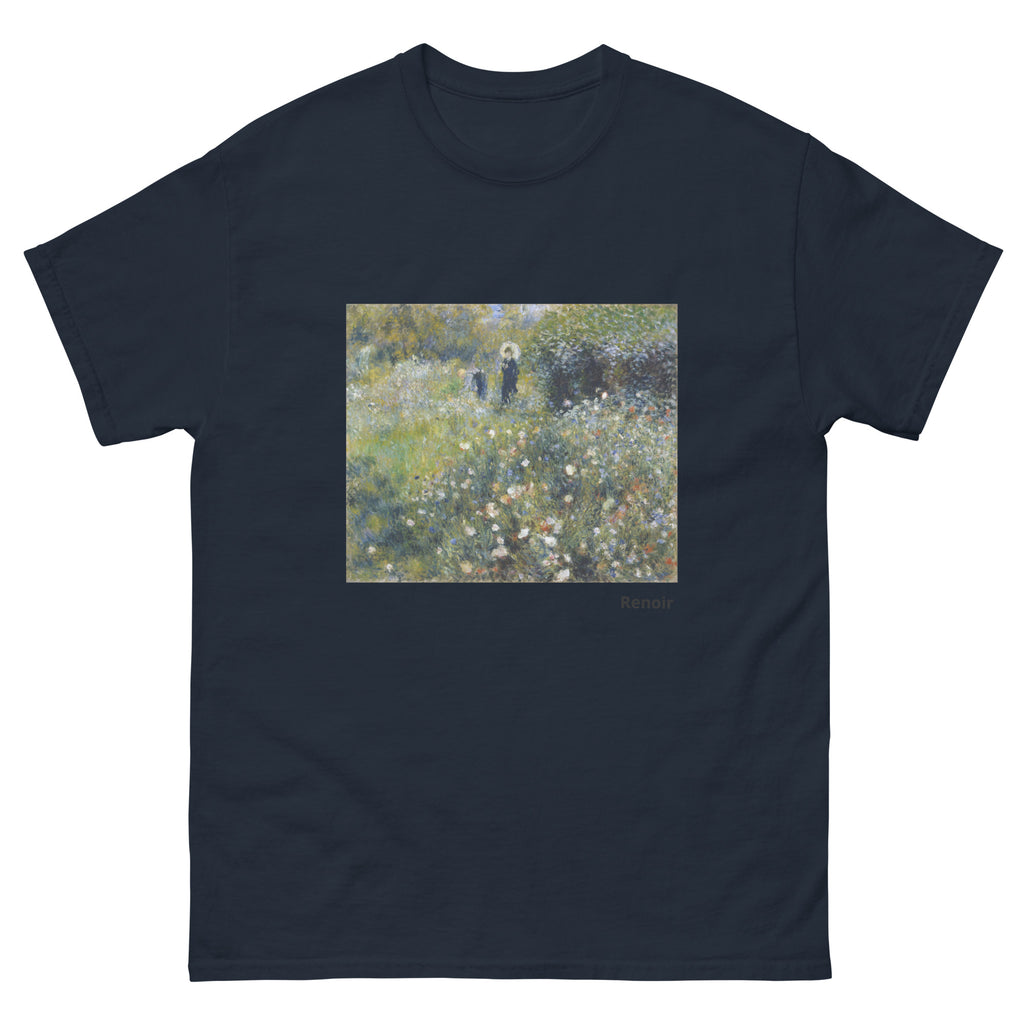 Unisex classic tee featuring Renoir's impressionist painting of a woman with parasol in a garden