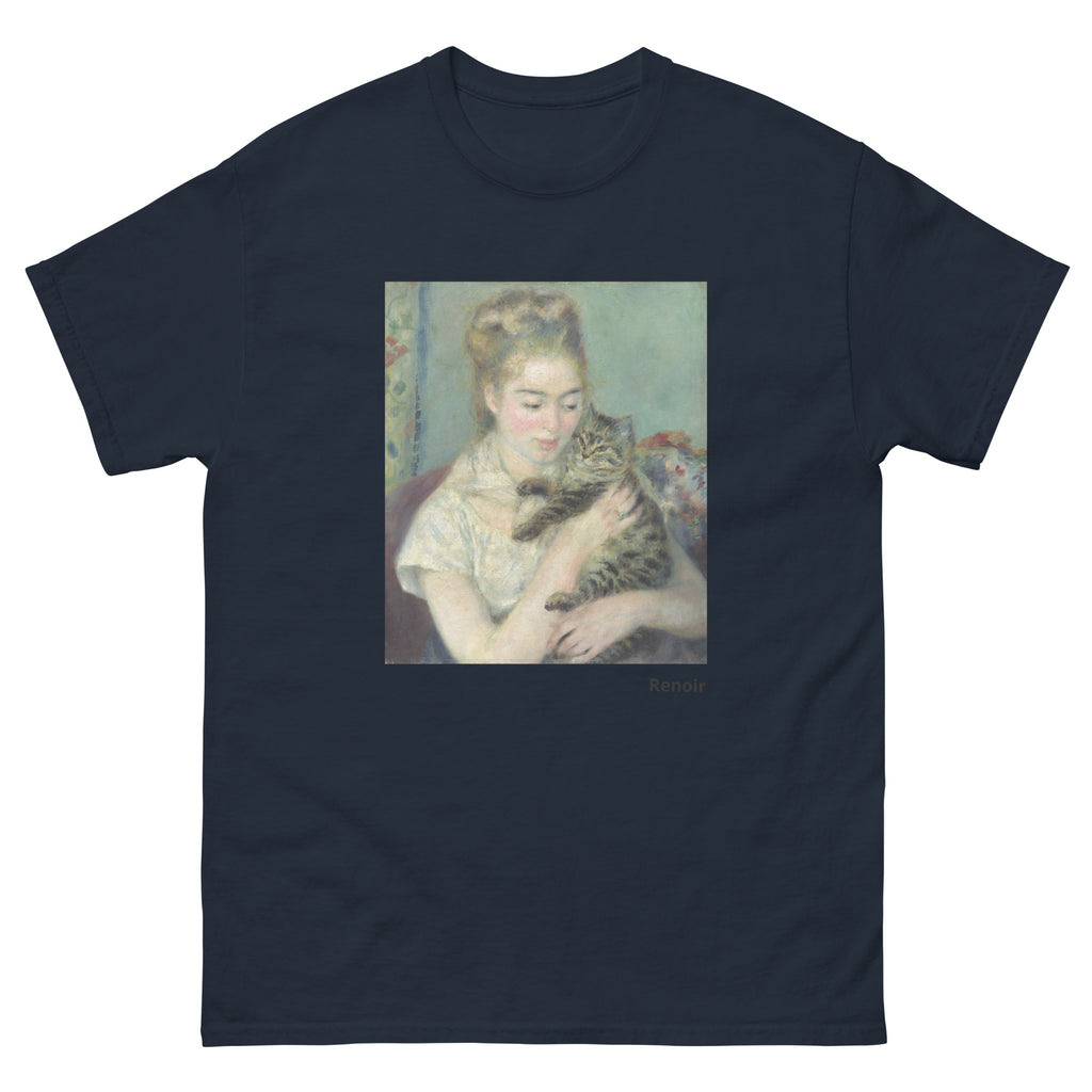 Unisex classic tee featuring Renoir's impressionist painting of a woman holding a cat