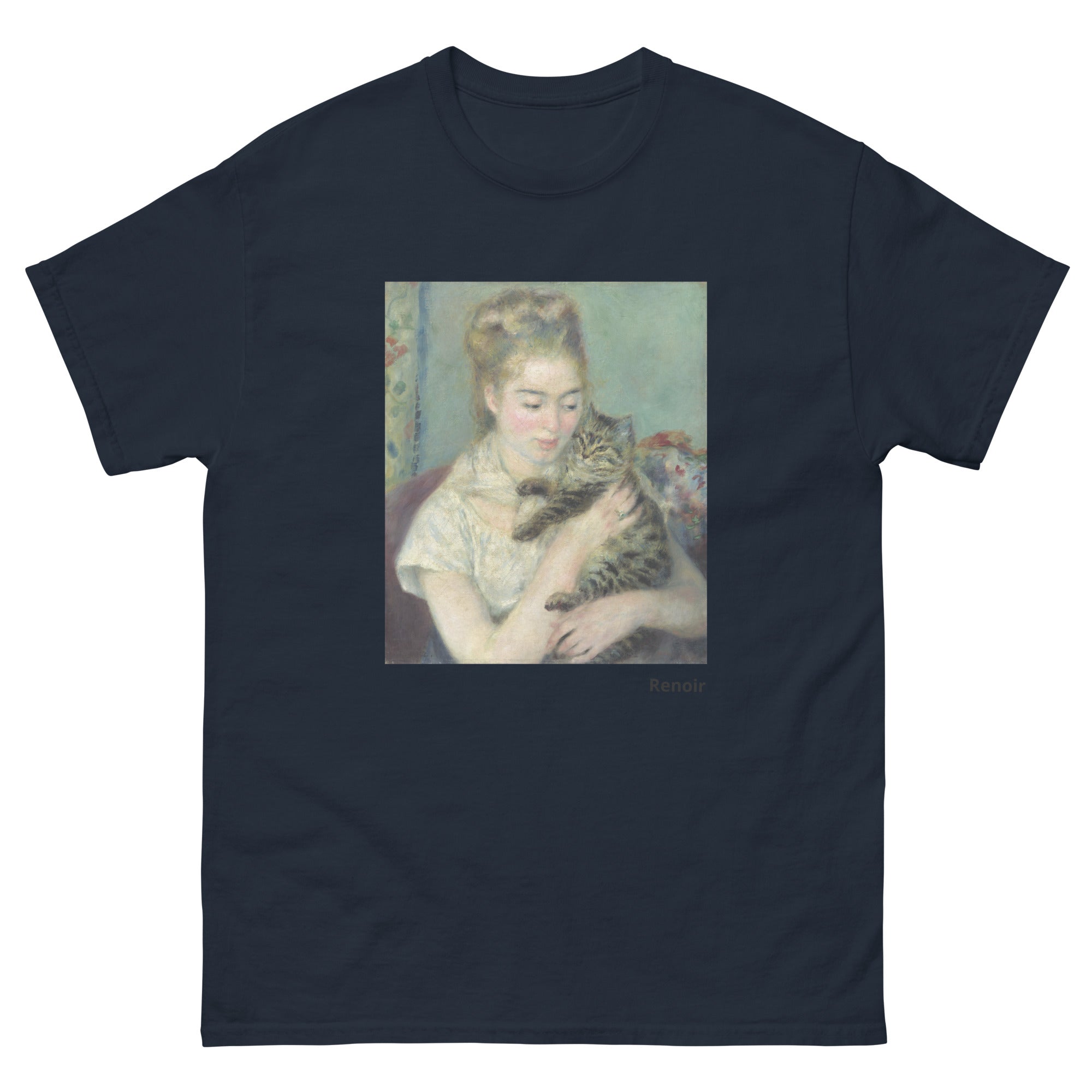 Unisex classic tee featuring Renoir's impressionist painting of a woman holding a cat