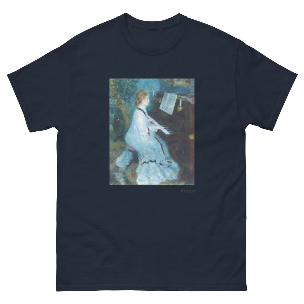 Unisex classic tee featuring Renoir's impressionist painting of a woman seated at a piano