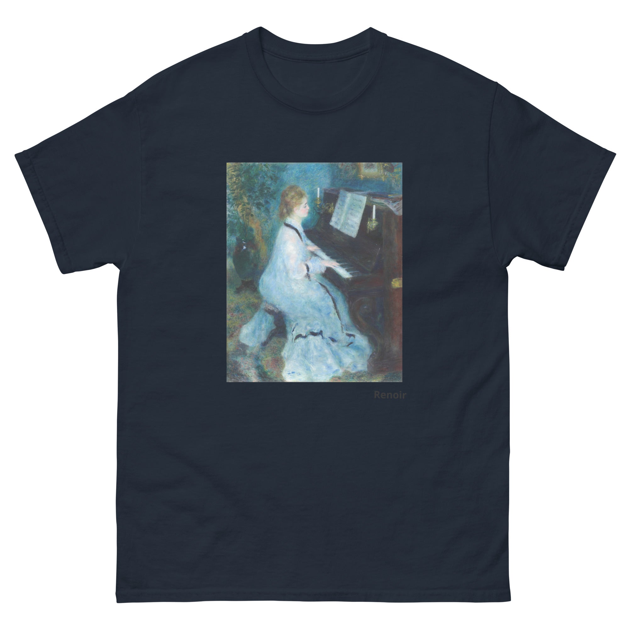 Unisex classic tee featuring Renoir's impressionist painting of a woman seated at a piano
