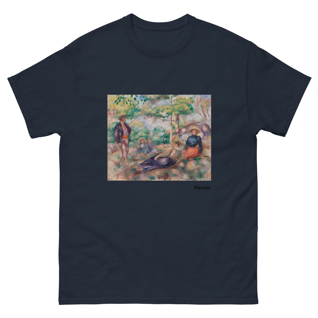 Unisex classic tee featuring Renoir's impressionist painting of figures resting in the grass
