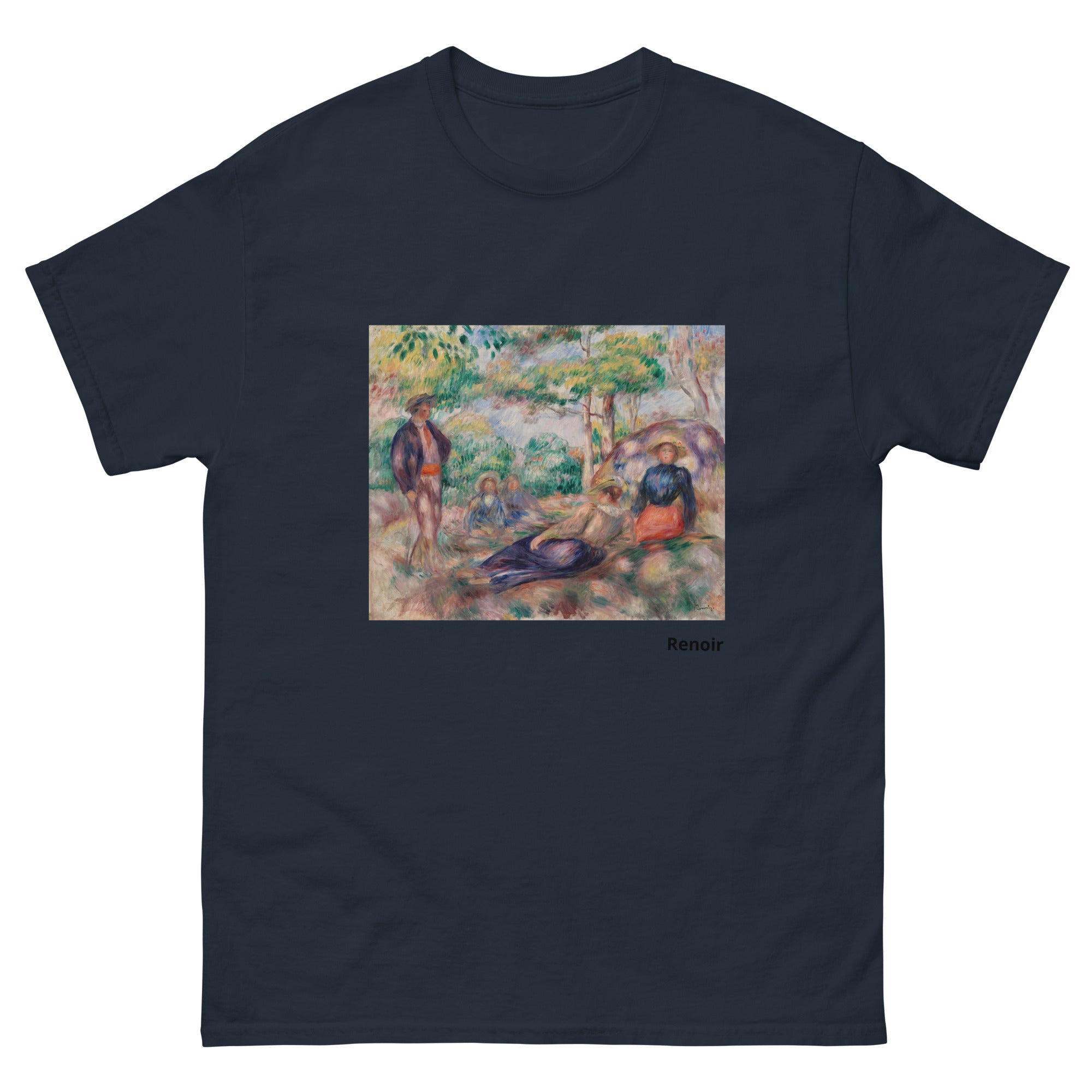 Unisex classic tee featuring Renoir's impressionist painting of figures resting in the grass