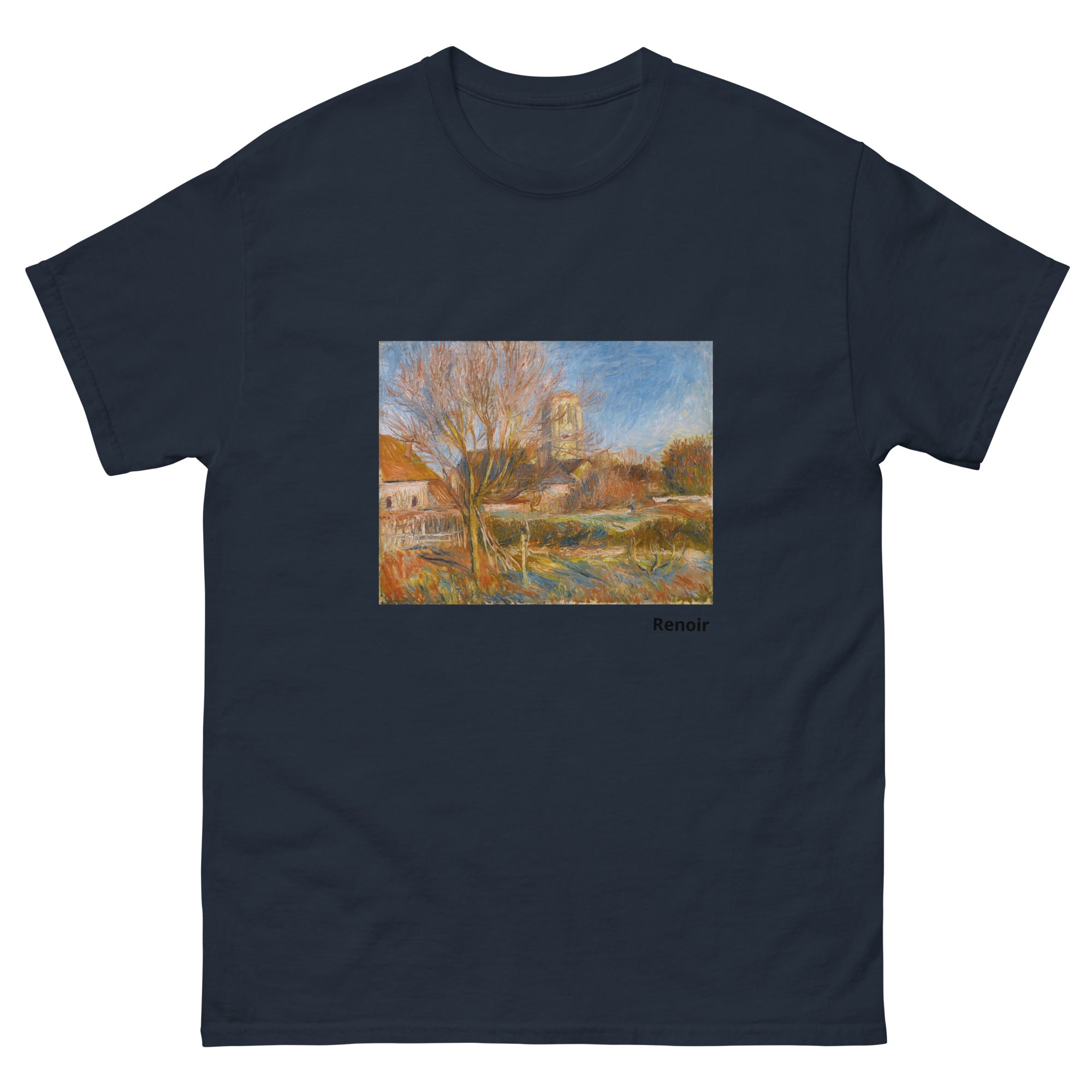Unisex classic tee featuring Renoir's impressionist painting of a village church in Essoyes